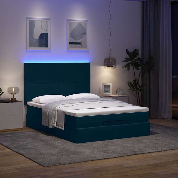 vidaXL Ottoman-Bett mit Matratzen & LEDs Dunkelblau 140x200 cm Samt