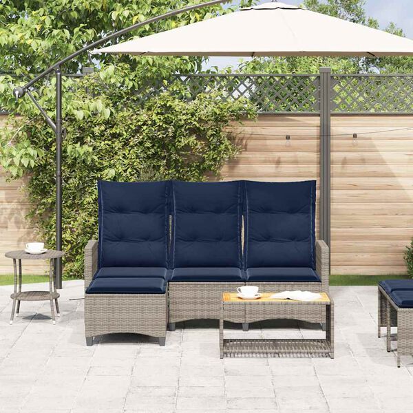 vidaXL Gartensofa mit Liegefunktion Kissen L-Form Grau Poly Rattan