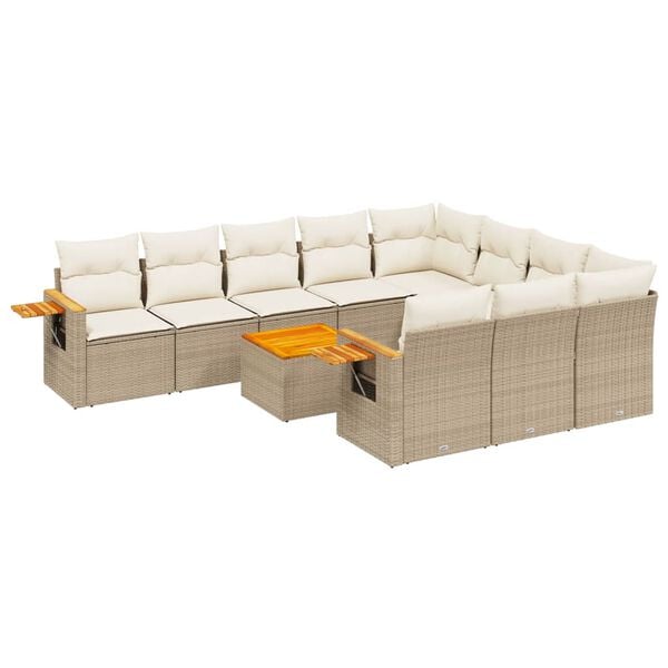 vidaXL 11-tlg. Garten-Sofagarnitur mit Kissen Beige Poly Rattan