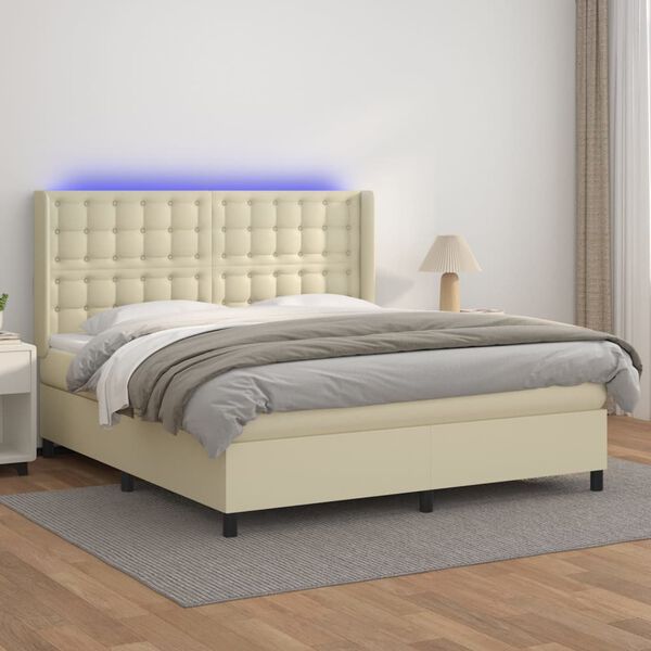 vidaXL Boxspringbett mit Matratze & LED Creme 180x200 cm Kunstleder