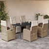 vidaXL 7-tlg. Garten-Essgruppe mit Kissen Beige Poly Rattan