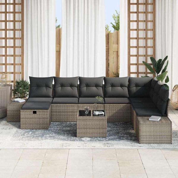 vidaXL Gartensofa-set mit Kissen 9 pcs Grau Poly-Rattan