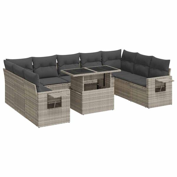 vidaXL 10-tlg. Garten-Sofagarnitur mit Kissen Hellgrau Poly Rattan