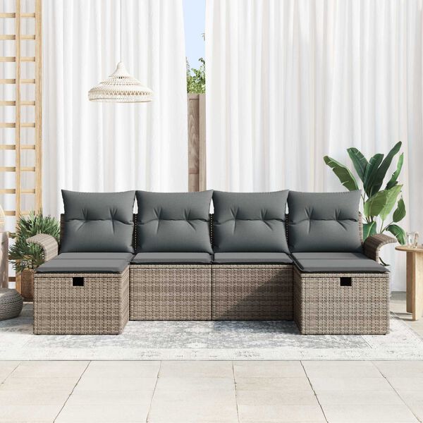 vidaXL Garten-Sofa-Set mit Kissen mit Speicher 6 pcs Grau Poly Rattan