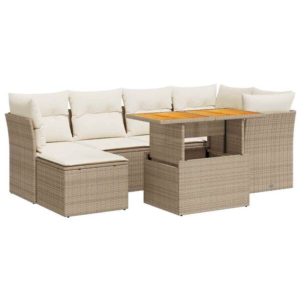 vidaXL 7-tlg. Garten-Sofagarnitur mit Kissen Beige Poly Rattan