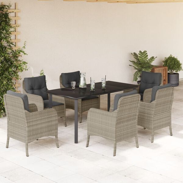 vidaXL 7-tlg. Garten-Essgruppe mit Kissen Hellgrau Poly Rattan
