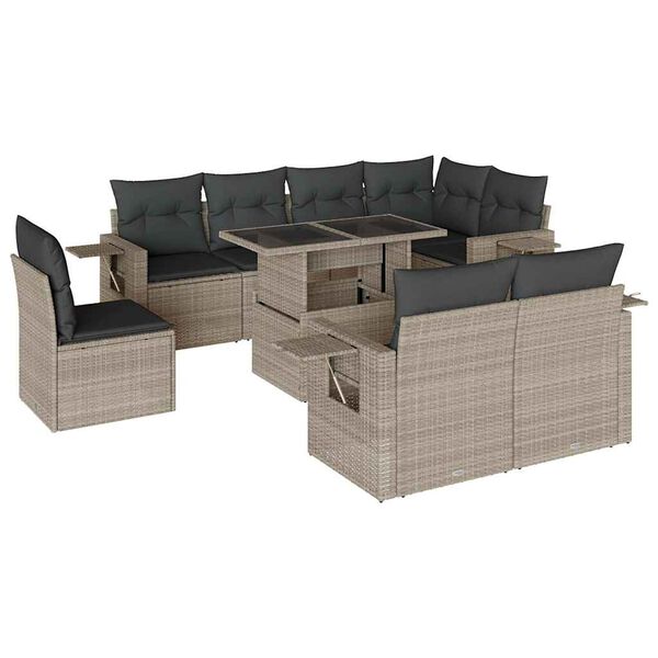 vidaXL 9-tlg. Garten-Sofagarnitur mit Kissen Hellgrau Poly Rattan