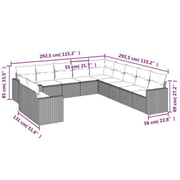vidaXL 11-tlg. Garten-Sofagarnitur mit Kissen Schwarz Poly Rattan