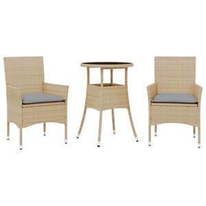 vidaXL 3-tlg. Garten-Essgruppe mit Kissen Beige Poly Rattan und Glas