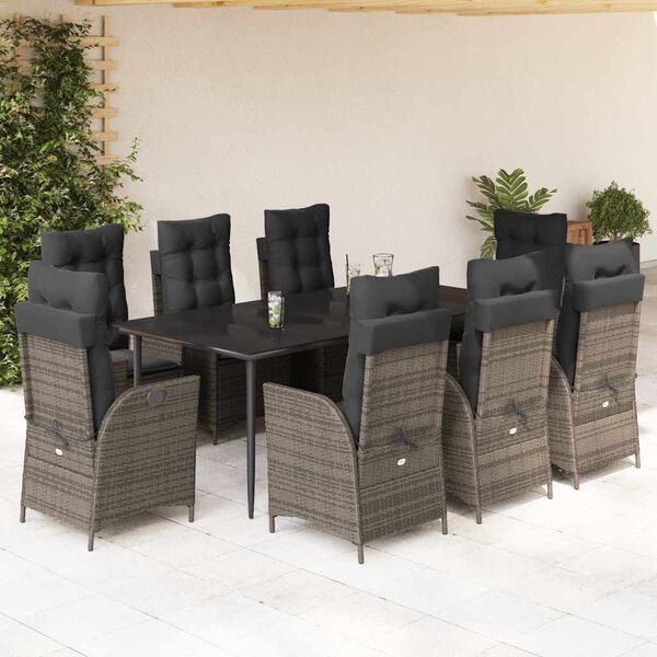 vidaXL 9-tlg. Garten-Essgruppe mit Kissen Grau Poly Rattan