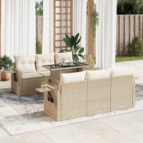 vidaXL 7-tlg. Garten-Sofagarnitur mit Kissen Beige Poly Rattan