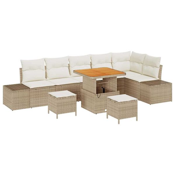 vidaXL Gartensofa-set mit Kissen mit Speicher 9 pcs Beige Poly Rattan