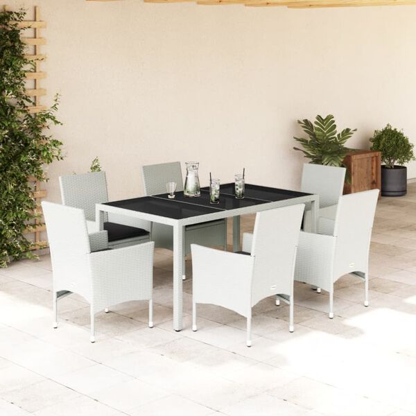 vidaXL 7-tlg. Garten-Essgruppe mit Kissen Wei&szlig; Poly Rattan und Glas