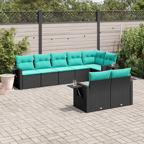 vidaXL 8-teiliges Gartensofa-Set mit Kissen, schwarzes Polyrattan