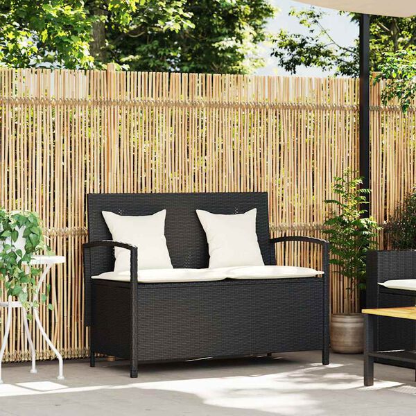 vidaXL Gartenbank mit Stauraum und Kissen Schwarz Poly Rattan