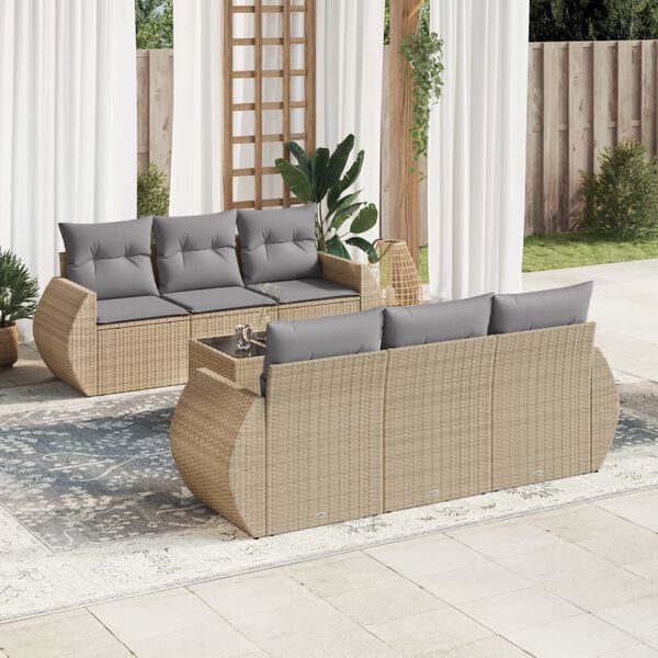 vidaXL 7-tlg. Garten-Sofagarnitur mit Kissen Beige Poly Rattan