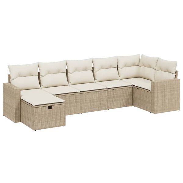 vidaXL 7-tlg. Garten-Sofagarnitur mit Kissen Beige Poly Rattan