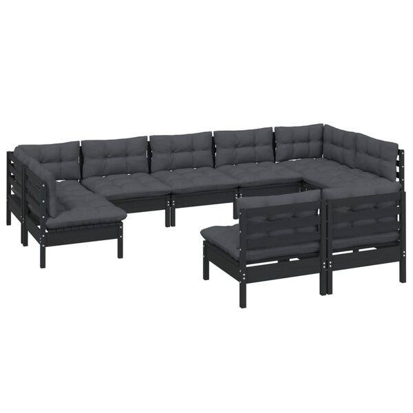 vidaXL 9-tlg. Garten-Lounge-Set mit Kissen Schwarz Massivholz Kiefer