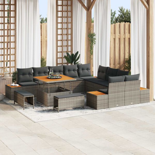 vidaXL Gartensofa-set mit Kissen mit Speicher 13 pcs Grau Poly Rattan