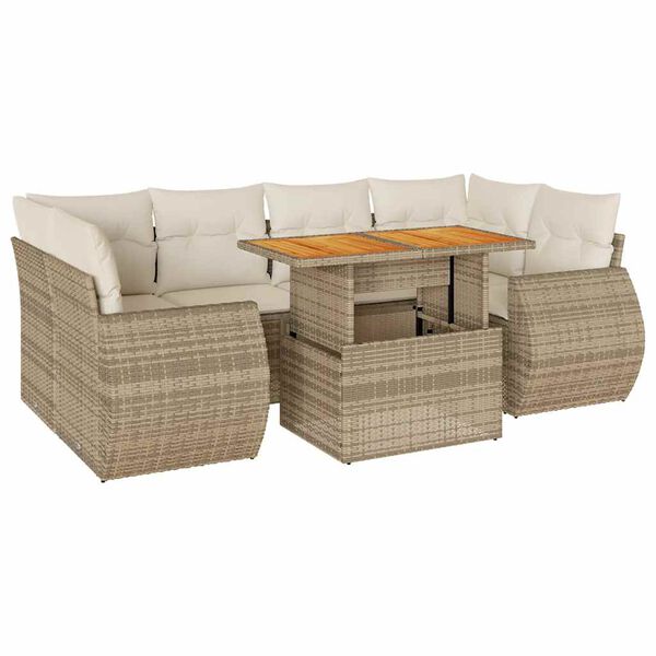 vidaXL 7-tlg. Garten-Sofagarnitur mit Kissen Beige Poly Rattan
