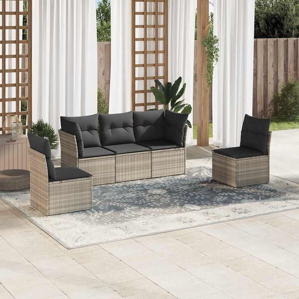 vidaXL 5-tlg. Garten-Sofagarnitur mit Kissen Hellgrau Poly Rattan