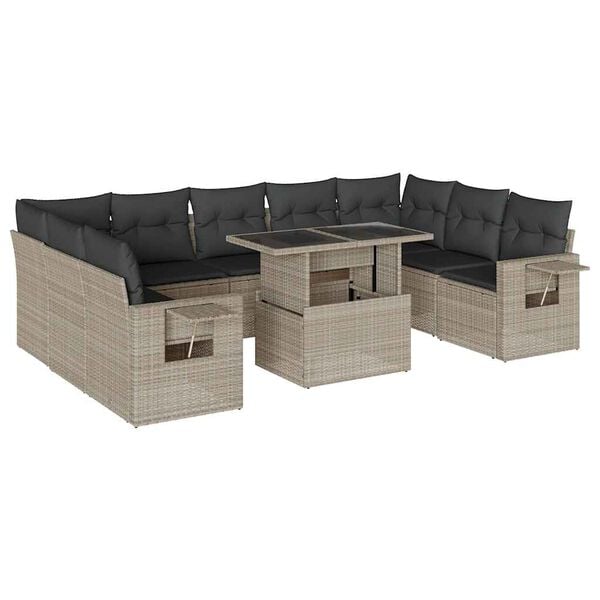 vidaXL 10-tlg. Garten-Sofagarnitur mit Kissen Hellgrau Poly Rattan