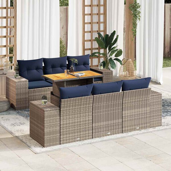 vidaXL 7-tlg. Garten-Sofagarnitur mit Kissen Grau Poly Rattan