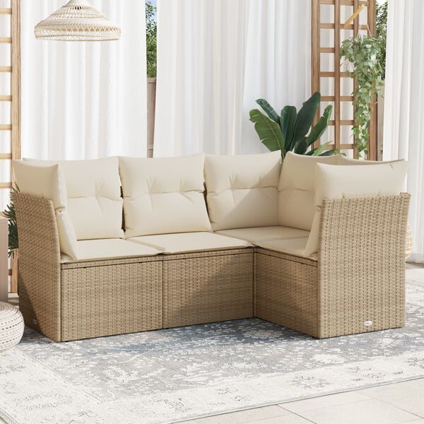 vidaXL 4-tlg. Garten-Sofagarnitur mit Kissen Beige Poly Rattan