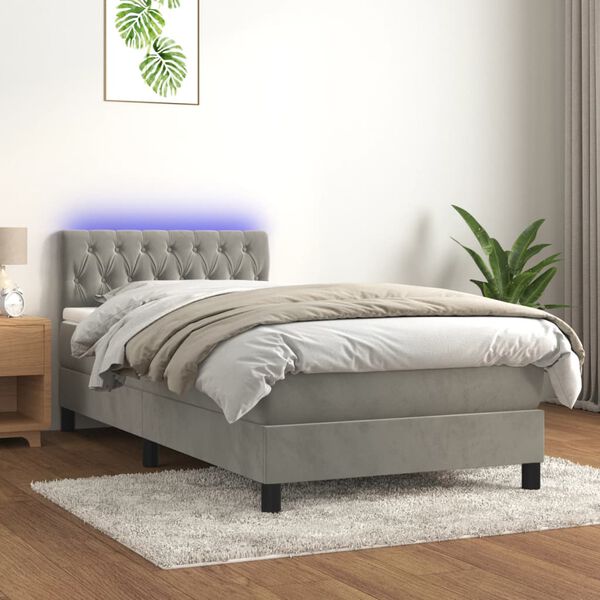 vidaXL Boxspringbett mit Matratze & LED Hellgrau 100x200 cm Samt