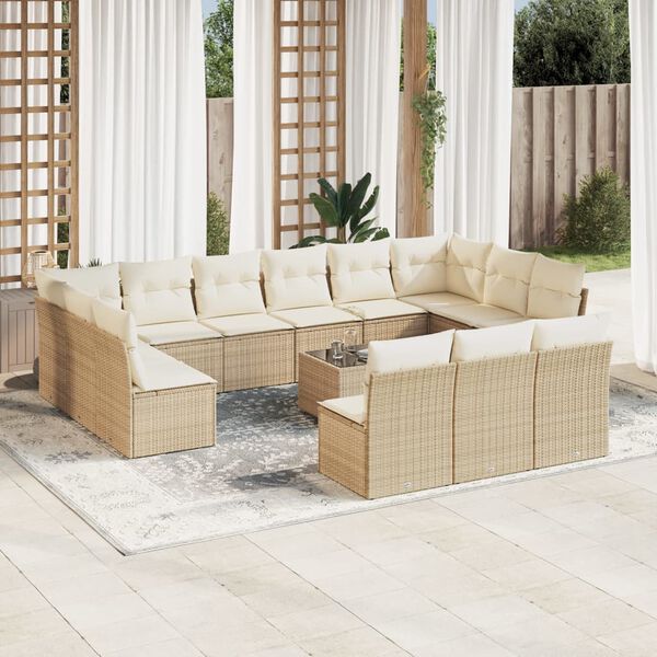 vidaXL 14-tlg. Garten-Sofagarnitur mit Kissen Beige Poly Rattan