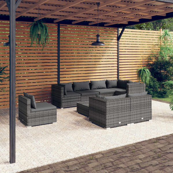 vidaXL 9-tlg. Garten-Lounge-Set mit Kissen Poly Rattan Grau