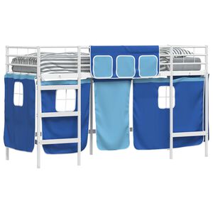 vidaXL Kinder Loft Bettgestell mit Vorh&auml;ngen Wei&szlig; und Blau 75 x 190 cm