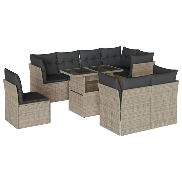 vidaXL 9-tlg. Garten-Sofagarnitur mit Kissen Hellgrau Poly Rattan