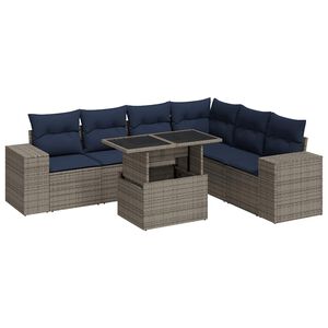 vidaXL 7-tlg. Garten-Sofagarnitur mit Kissen Grau Poly Rattan Akazie