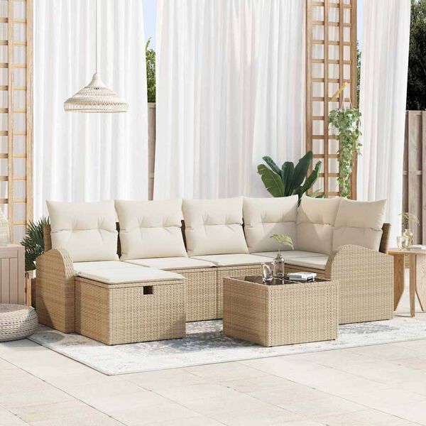 vidaXL Garten-Sofa-Set mit Kissen mit Speicher 7 pcs Beige Poly Rattan