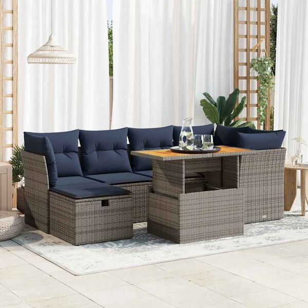 vidaXL 7-tlg. Garten-Sofagarnitur mit Kissen Schwarz Poly Rattan