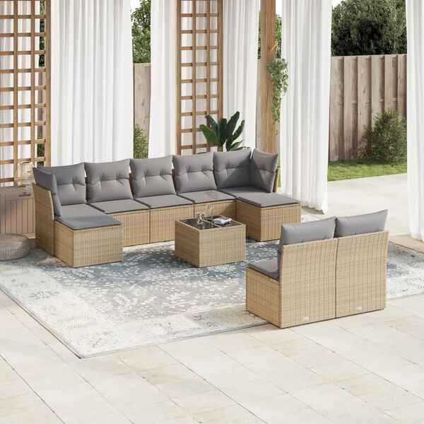 vidaXL 10-tlg. Garten-Sofagarnitur mit Kissen Beige Poly Rattan