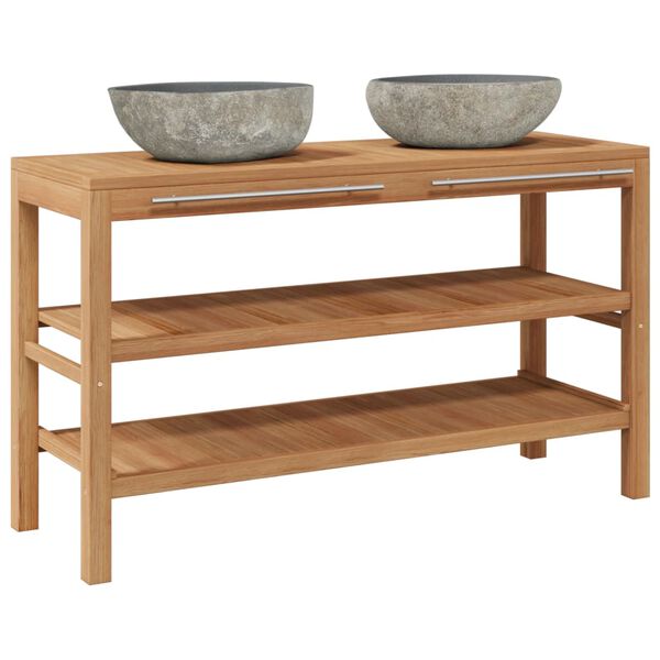 vidaXL Waschtischunterschrank Teak Massiv mit Flussstein Waschbecken