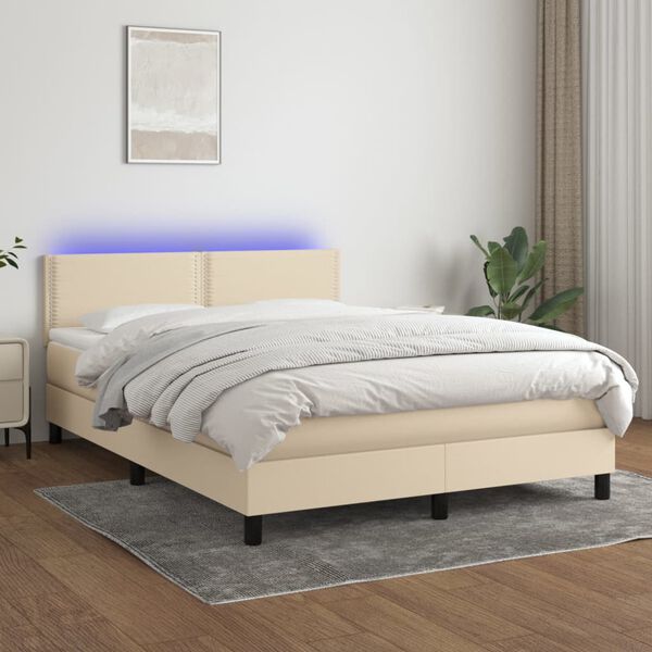 vidaXL Boxspringbett mit Matratze & LED Creme 140x190 cm Stoff