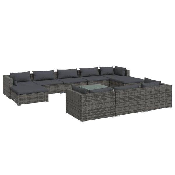vidaXL 11-tlg. Garten-Lounge-Set mit Kissen Grau Poly Rattan