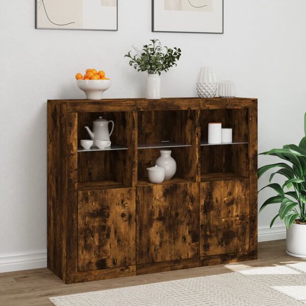 vidaXL Sideboards mit LED-Leuchten 3 Stk. Räuchereiche Holzwerkstoff