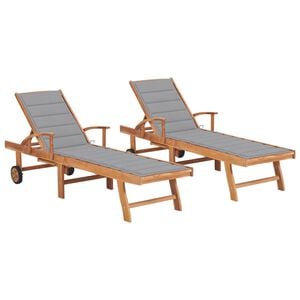 vidaXL Sonnenliegen 2 Stk. mit Auflagen Grau Massivholz Teak