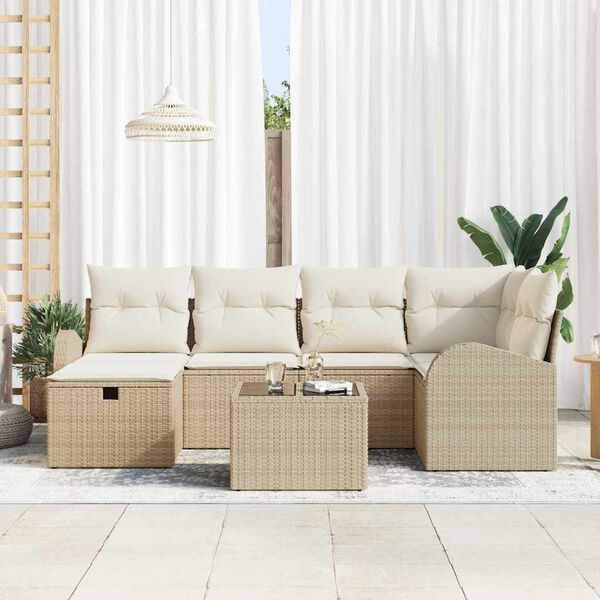 vidaXL Garten-Sofa-Set mit Kissen mit Speicher 7 pcs Beige Poly Rattan