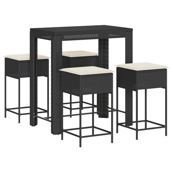 vidaXL 5-tlg. Gartenbar-Set mit Kissen Schwarz Poly Rattan