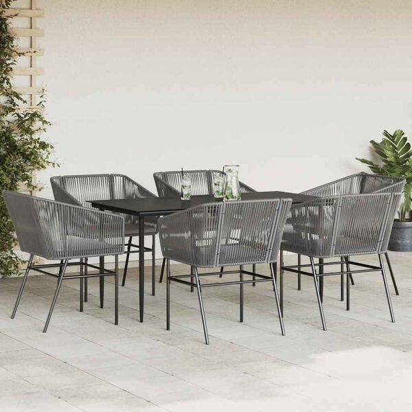 vidaXL 7-tlg. Garten-Essgruppe mit Kissen Grau Poly Rattan Glas