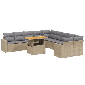 vidaXL 11-tlg. Garten-Sofagarnitur mit Kissen Beige Poly Rattan