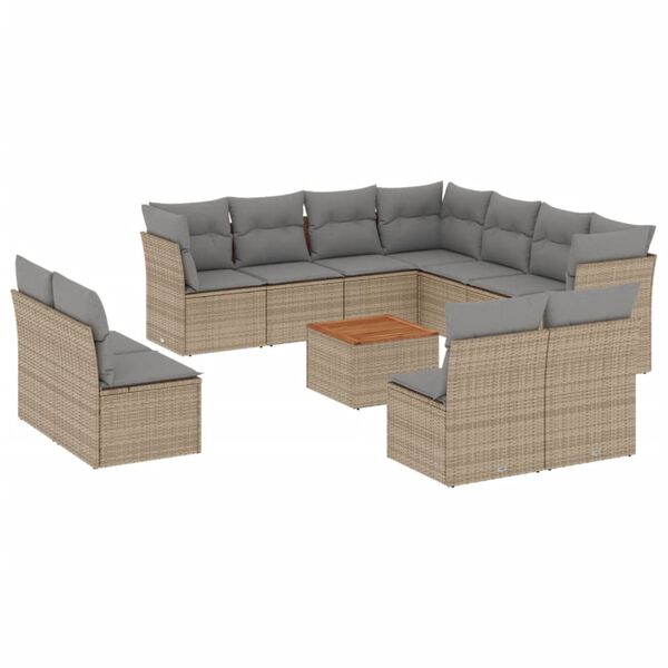 vidaXL 12-tlg. Garten-Sofagarnitur mit Kissen Beige Poly Rattan