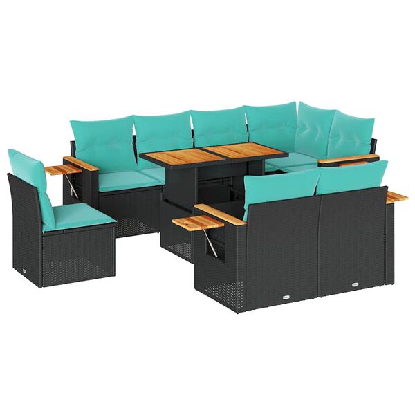 vidaXL 9-tlg. Garten-Sofagarnitur mit Kissen Schwarz Poly Rattan