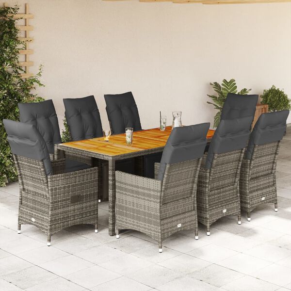 vidaXL 9-tlg. Garten-Bistro-Set mit Kissen Grau Poly Rattan