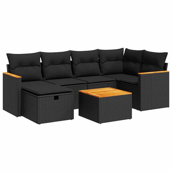 vidaXL 7-tlg. Garten-Sofagarnitur mit Kissen Schwarz Poly Rattan